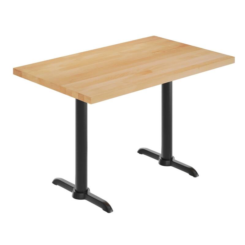Rectangular Solid Wood Commercial Tabletop w/Two 22" x 22" Dining Height T-Bases - 30"W x 48"D x 29.5"H - Natural Top/Black Base