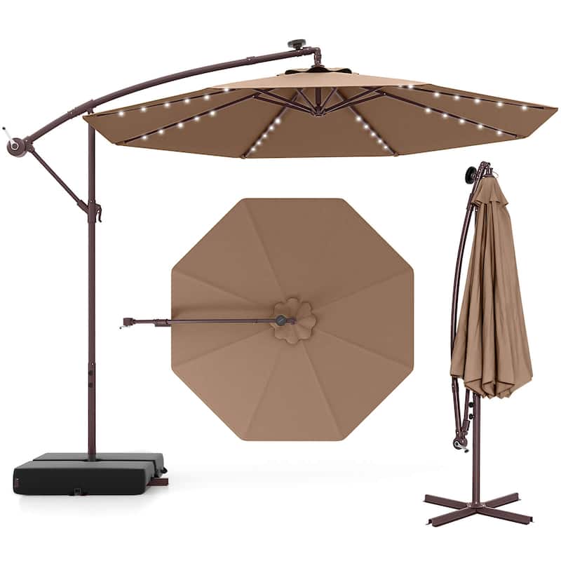 Costway Patio 10FT Hanging Offset Umbrella 32 LED Lights Sand Bag