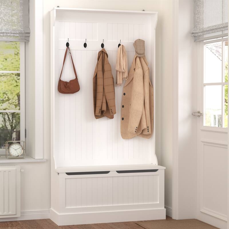 Wood Standing Coat Rack with Shoe Storage Bench and 5 Hook