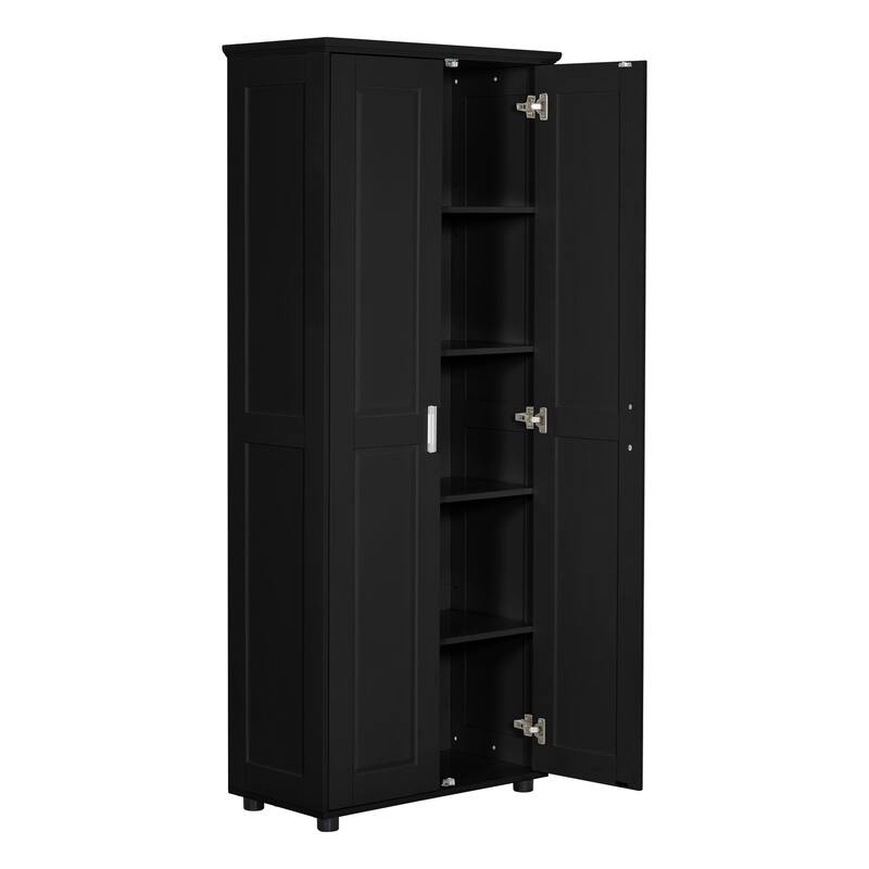 Roomfitters Tall 2-Door Storage Cabinet with 5-Tier Adjustable Shelves, Modern MDF Linen Tower for Bathroom & Office, Black