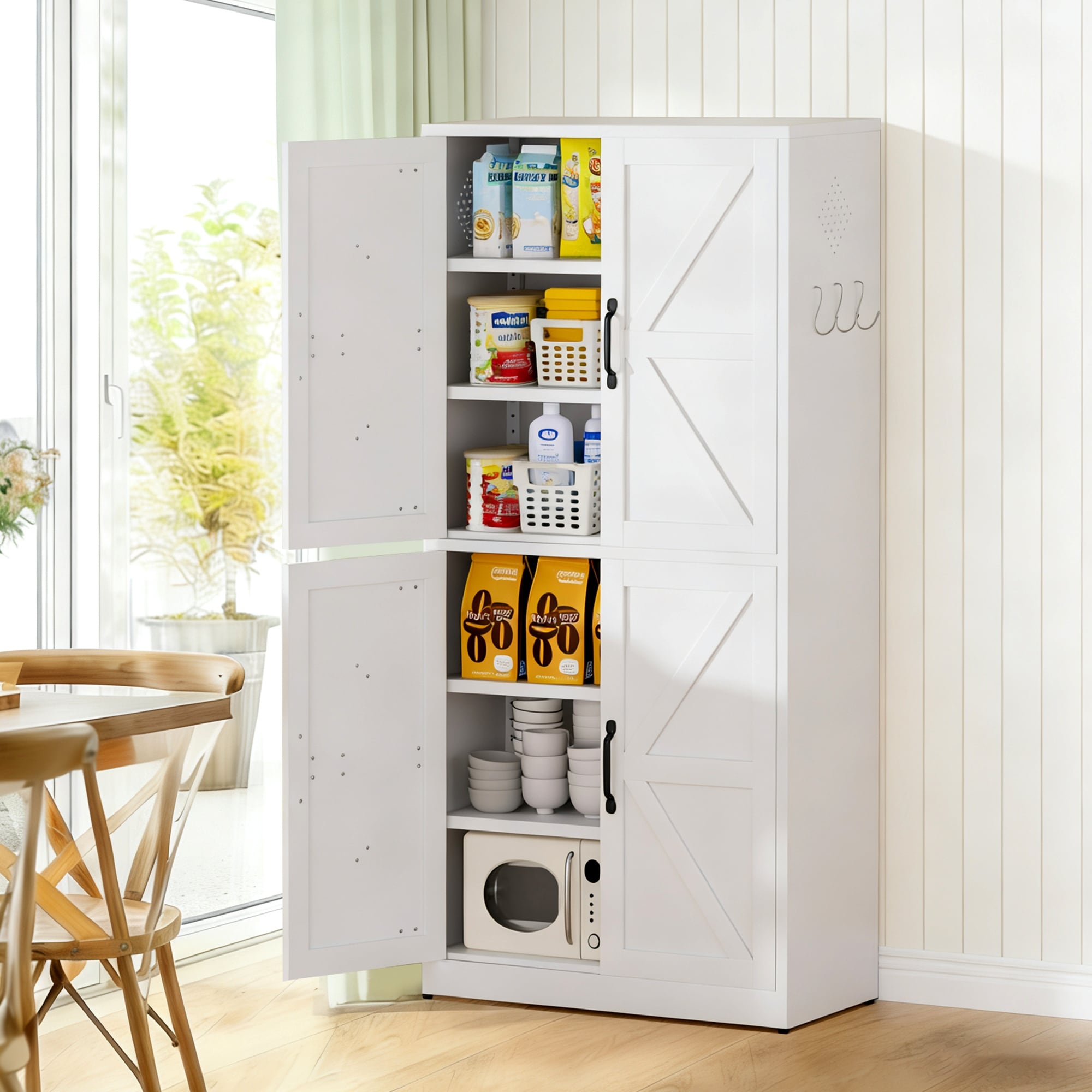 White Steel Kitchen Pantry Storage Cabinet with Adjustable shelves, heavy-duty country cabinet for kitchens, bathrooms