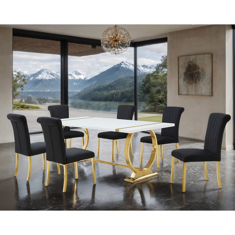 Furniture of America Carra Modern 7-Piece Stainless Steel Dining Table Set - Gold/Black