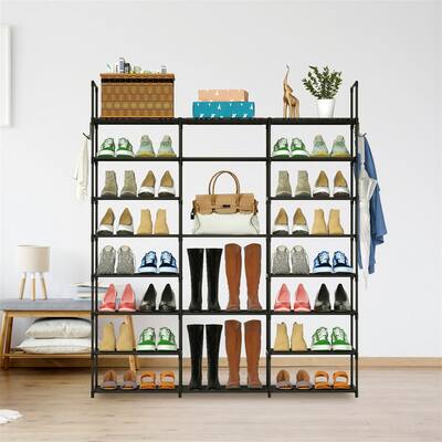 8-Tier 3-Row Shoe Rack Metal Shoe Storage Shelf with 2 Hooks
