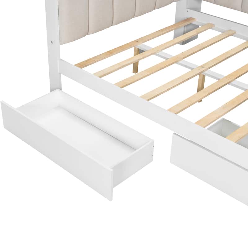 Full Daybed with Storage Shelves Built-in Charging Station LED Light, L-shape Upholstered Sofa Bed with 2 Drawers, Cabinet, Desk