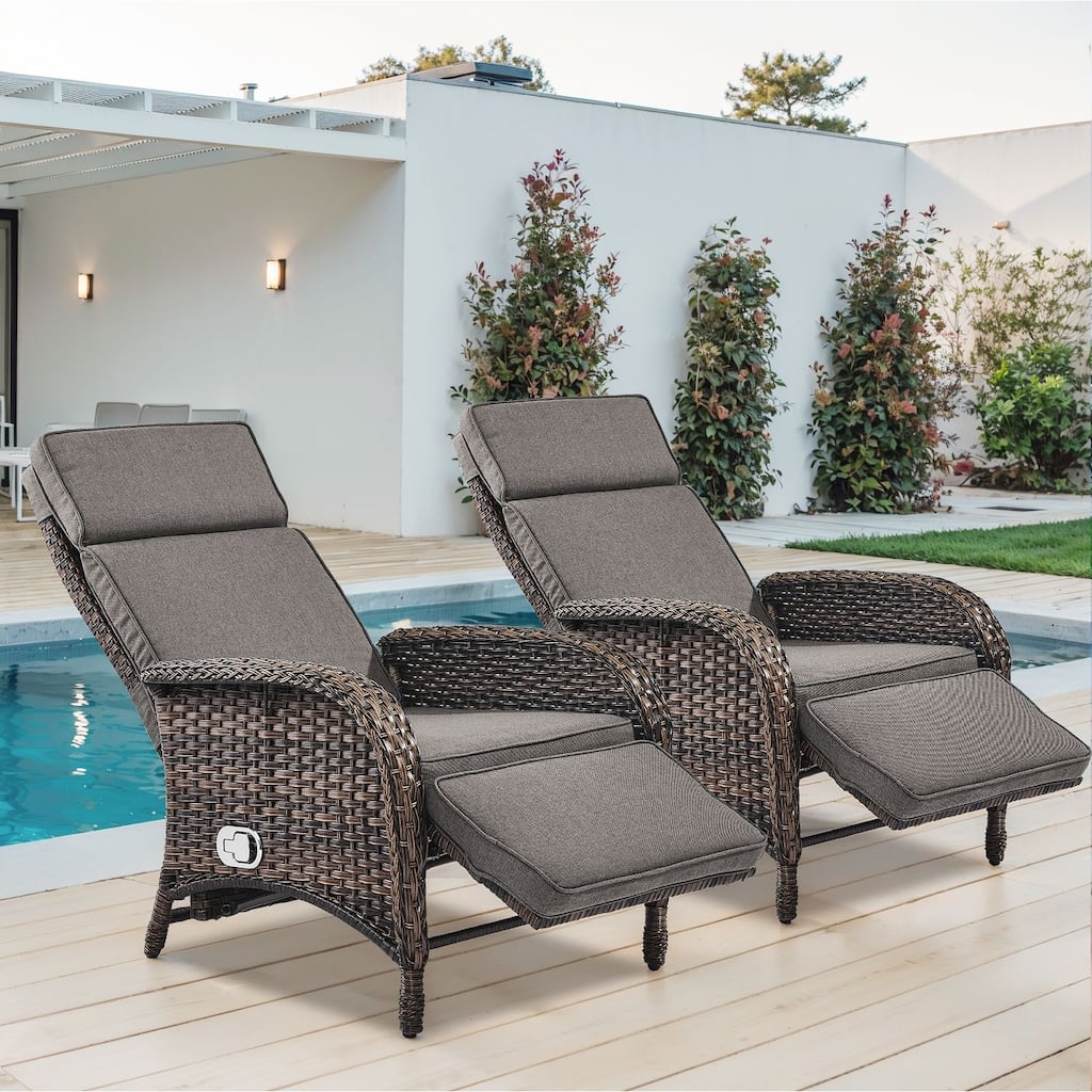 2 Pack Patio Wicker Chaise Lounge Chair Brown - Grey