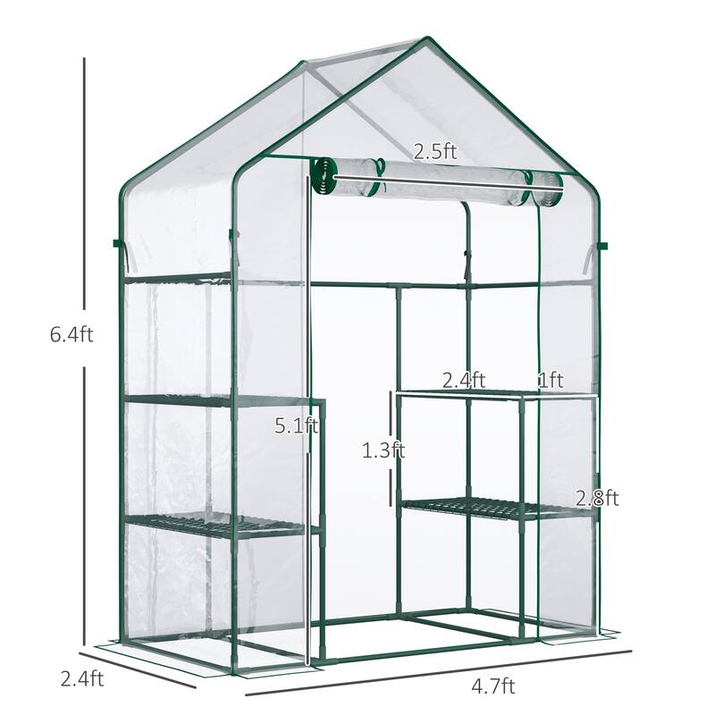 Outsunny 56" x 29" x 77" Mini Greenhouse, Walk-in Greenhouse, Garden Hot House with 4 Shelves, Roll-Up Door