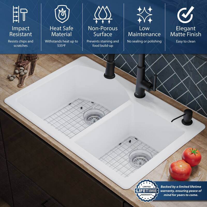 Karran Drop-In Quartz 33 in. 1-Hole 60/40 Double Bowl Kitchen Sink Kit