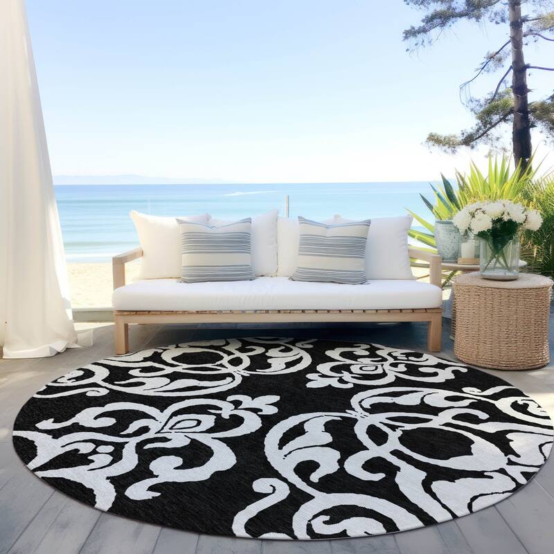 Machine Washable Indoor/ Outdoor Damask Glam Chantille Rug - Black - 8' x 8'