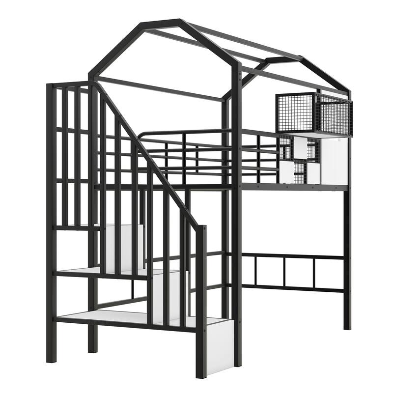 Metal Loft Bed for Kids with Roof Design, Storage Box, and Guardrails - Twin Size, Perfect for Small Spaces