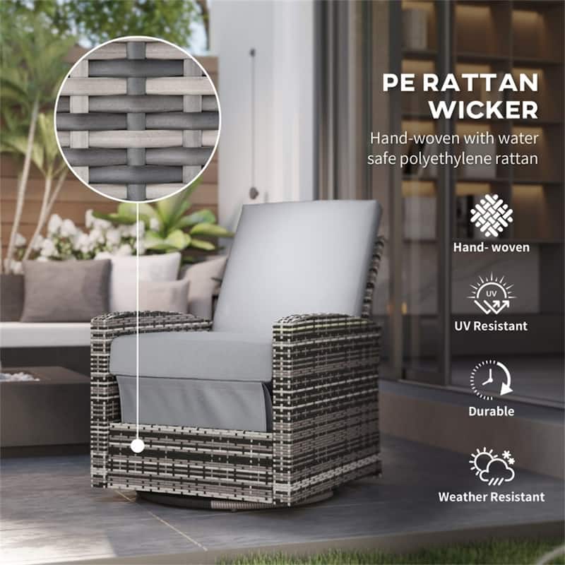 Grey Steel PE Rattan Outdoor Swivel Recliner Rocking Chair with Cushions - 28.75" L x 37.5" W x 37" H