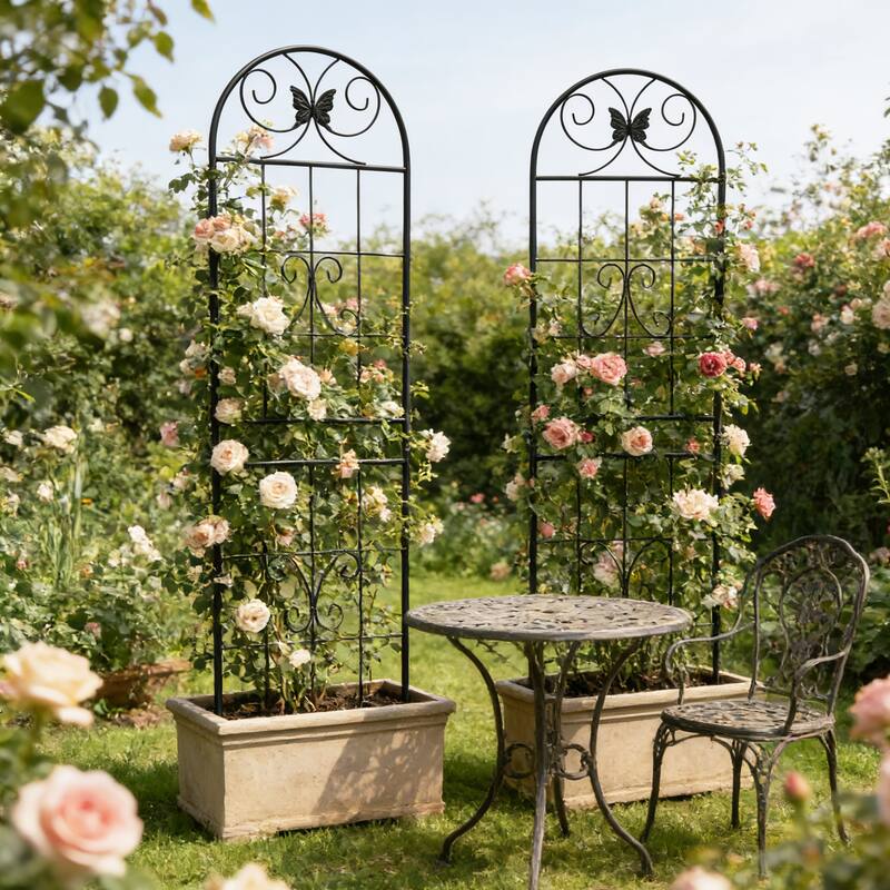 Anmytek Decorative Metal Garden Trellis Set of 2 with Arch Top Daisy Motifs Green Weather Resistant Climbing Plant Support