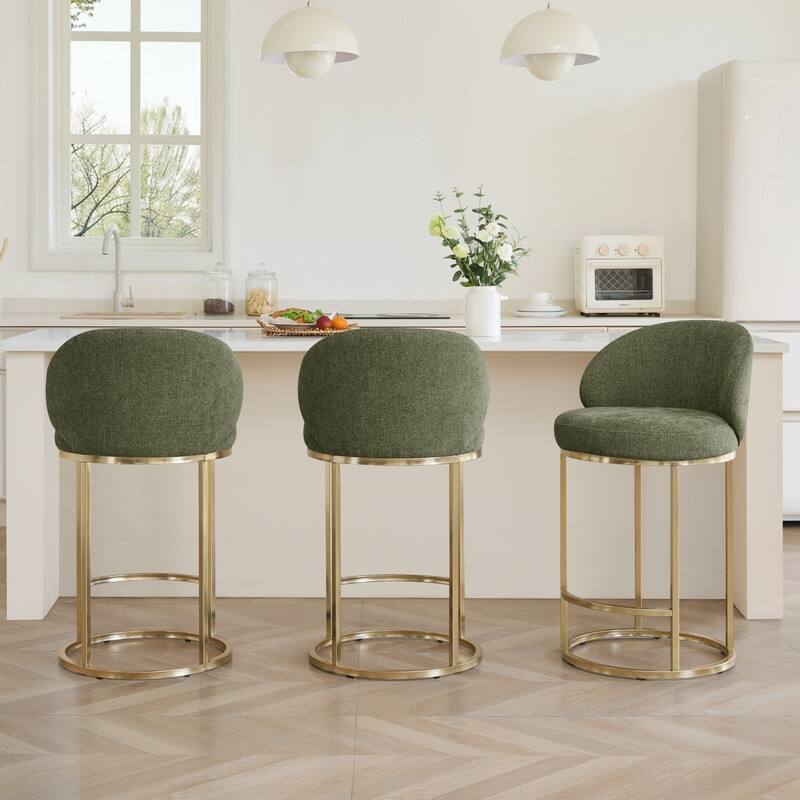 Spruce & Spring Chloe Upholstered Swivel Counter Bar Stool with Metal Frame and Arched Back - Set of 3 - Moss Green-Bronze Frame