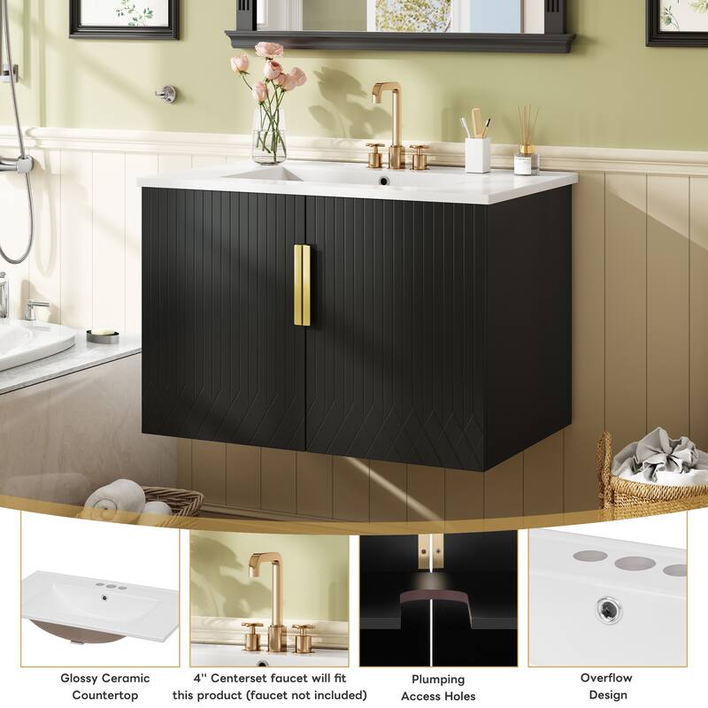 30" Wall-Mounted Style Bathroom Vanity with 3 Holes Single Ceramic Sink,2 Soft Closing Doors, Spacious and Adjustable Storage