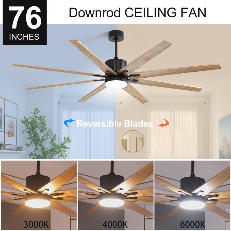 76 Inch Ceiling Fan with Light and Remote,8 Solid Wood Blades,Smart Control,Reversible Airflow - 76 inch