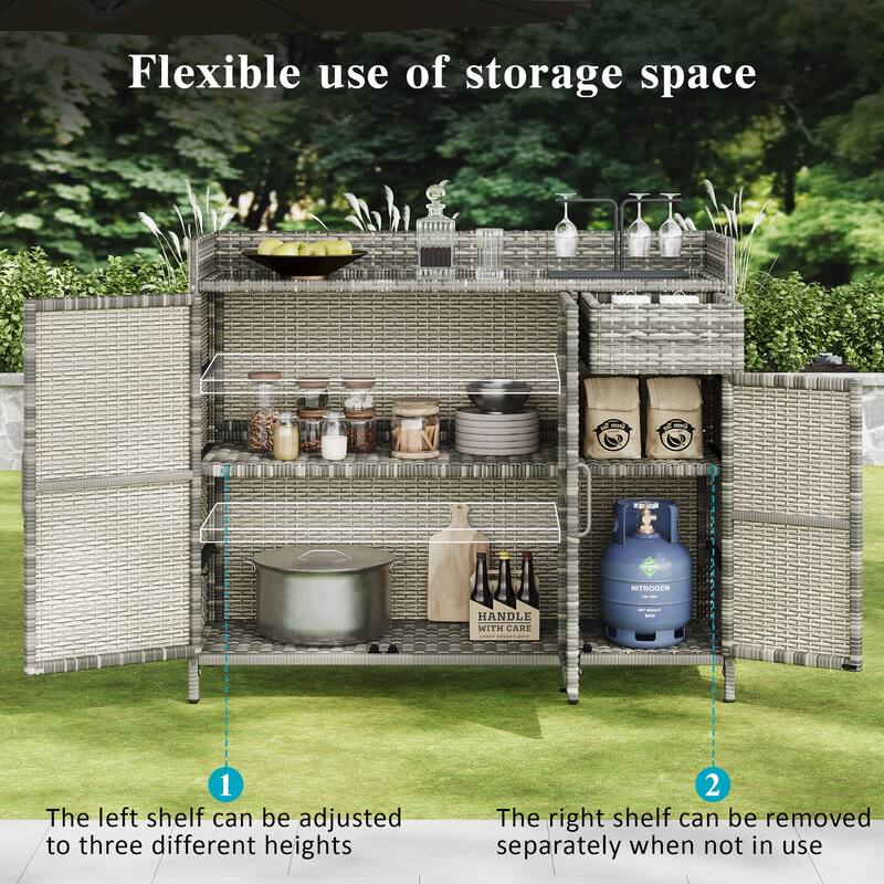 47.5"W Wicker Outdoor Storage Cabinet with Glass Desktop, Weather-proof Rattan Bar Table with Three Doors, Adjustable Shelf