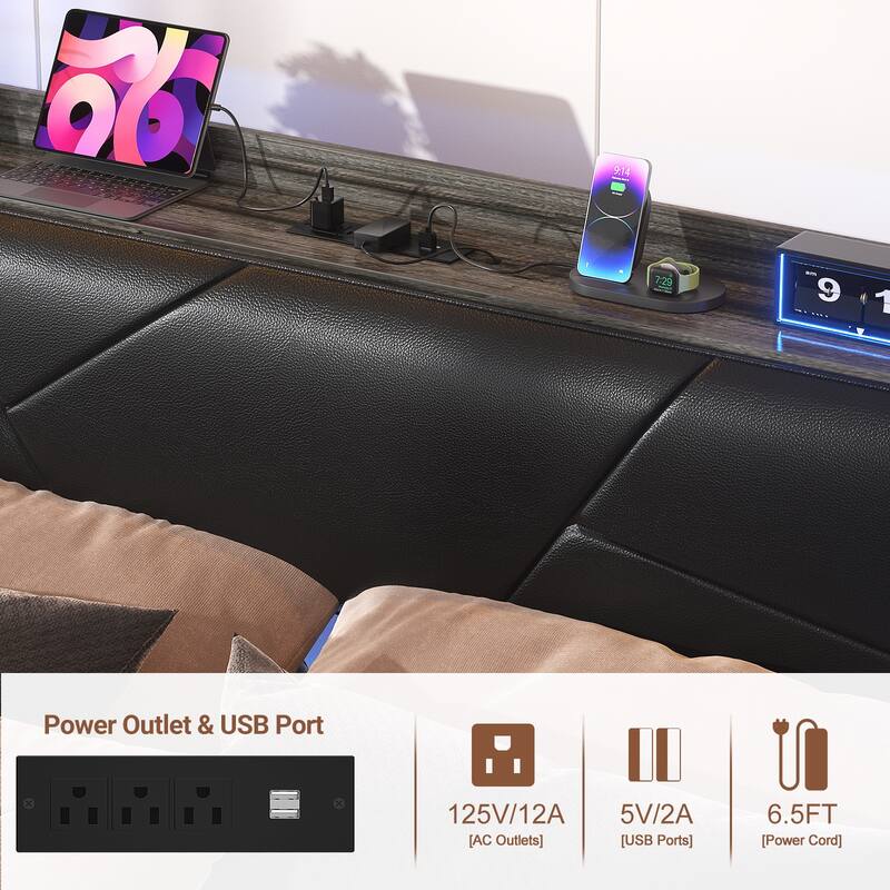Bed Frame with Upholstered Storage Headboard,Matel Platform Bed with Charging Station and RGB LED Lights,Easy Assembly