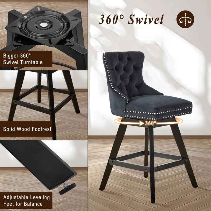 Tufted Swivel Velvet Rubberwood Nailhead Barstools (Set of 2)
