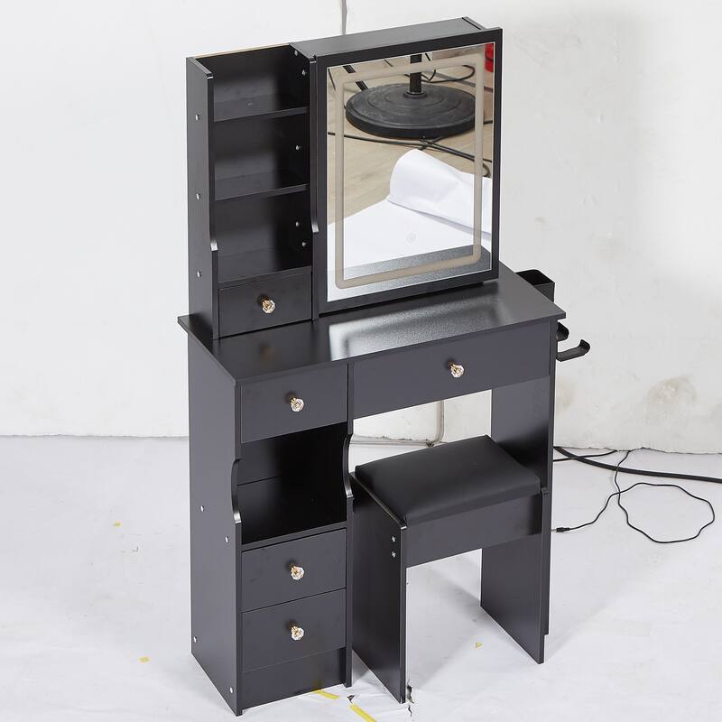29.2" Small Size Left Drawer Desktop Vanity Table + Cushioned Stool, 2 AC+2 USB Power Station, Hair dryer bracket