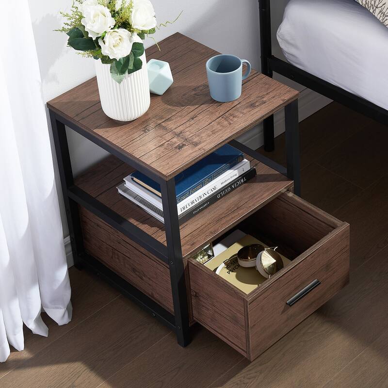VECELO Nightstand Set of 1/2, Modern Square Side End Table, Living Room, Study Metal Frame