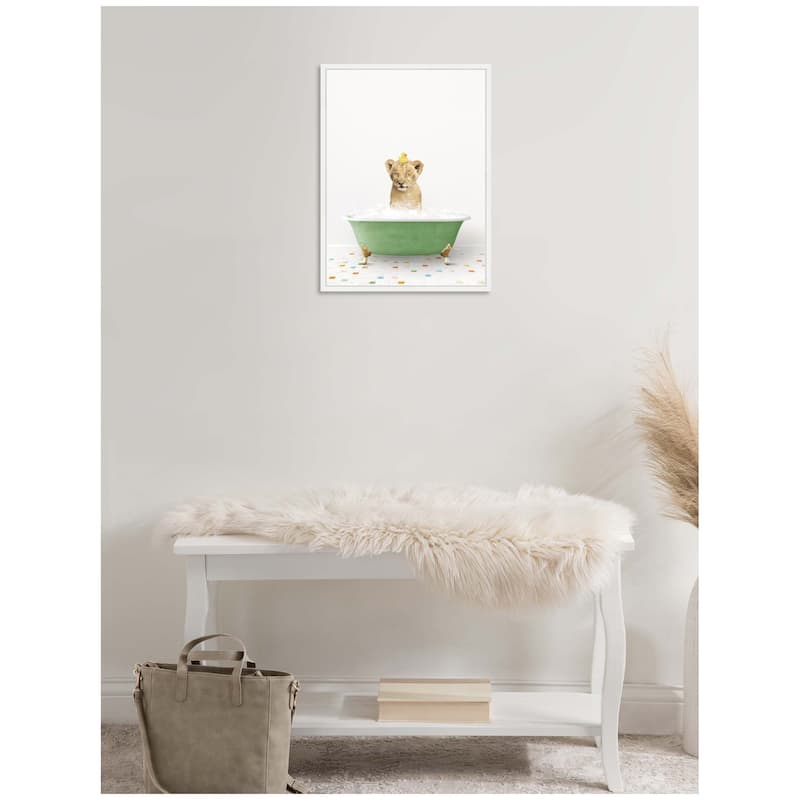 Kate and Laurel Sylvie Lion Cub in Green Bathtub on Colored Tile Framed Canvas by Amy Peterson