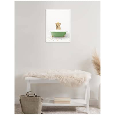 Kate and Laurel Sylvie Lion Cub in Green Bathtub on Colored Tile Framed Canvas by Amy Peterson