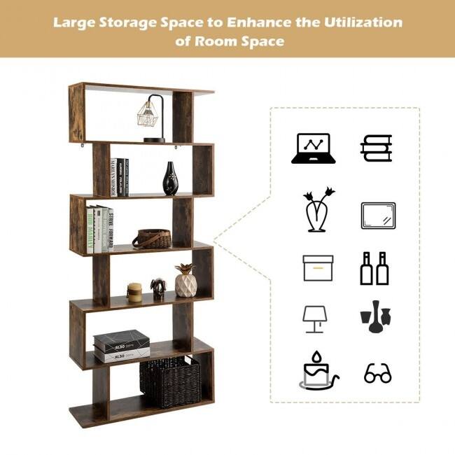 6-Tier S-Shaped Bookcase Z-Shelf Style Storage Bookshelf-Coffee - 31.5" x 9.5" x 76" (L x W x H)