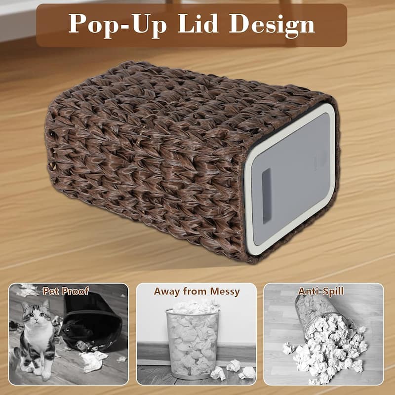 Small Bathroom Trash Can with Lid 2.6 Gallon Rattan Basket Slim Wicker Press Top for Bathroom Kitchen Office Brown