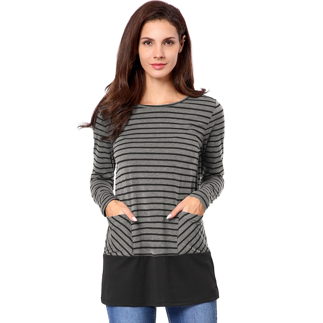 Womens Color Block Long Sleeve Polka Dot Striped T Shirt Tunic Tops