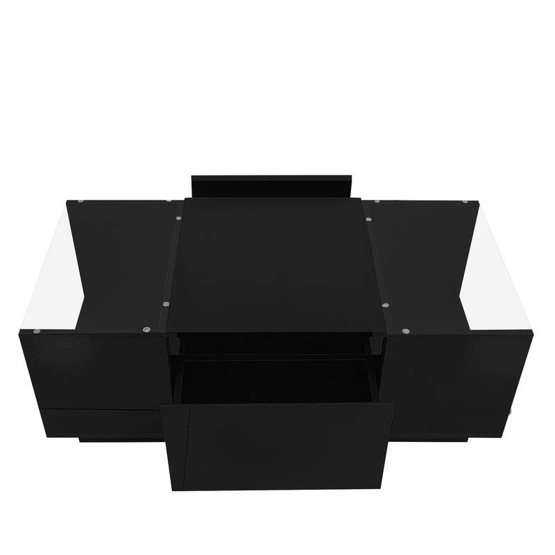 LED Coffee Table with 2 Drawers, Rectangle High Gloss Center Table, Modern Glass Tabletop Storage Table for Living Room