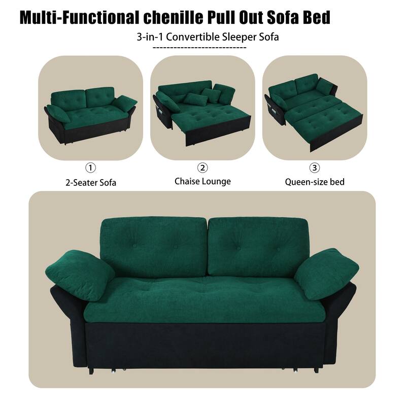 Queen Convertible Pull Out Sofa Bed, Sleeper Sofa Couch with Thicked Cushions, Loveseat Sofa with Side Storage