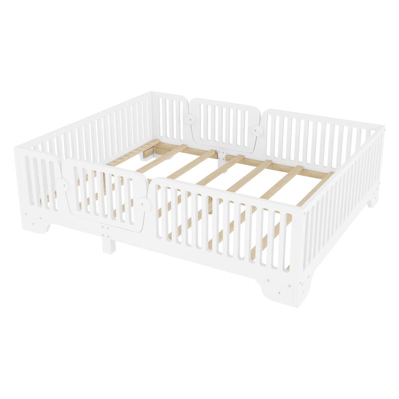 Full/Twin Montessori Floor Bed with Slats, Fence and Door, No Box Spring Needed
