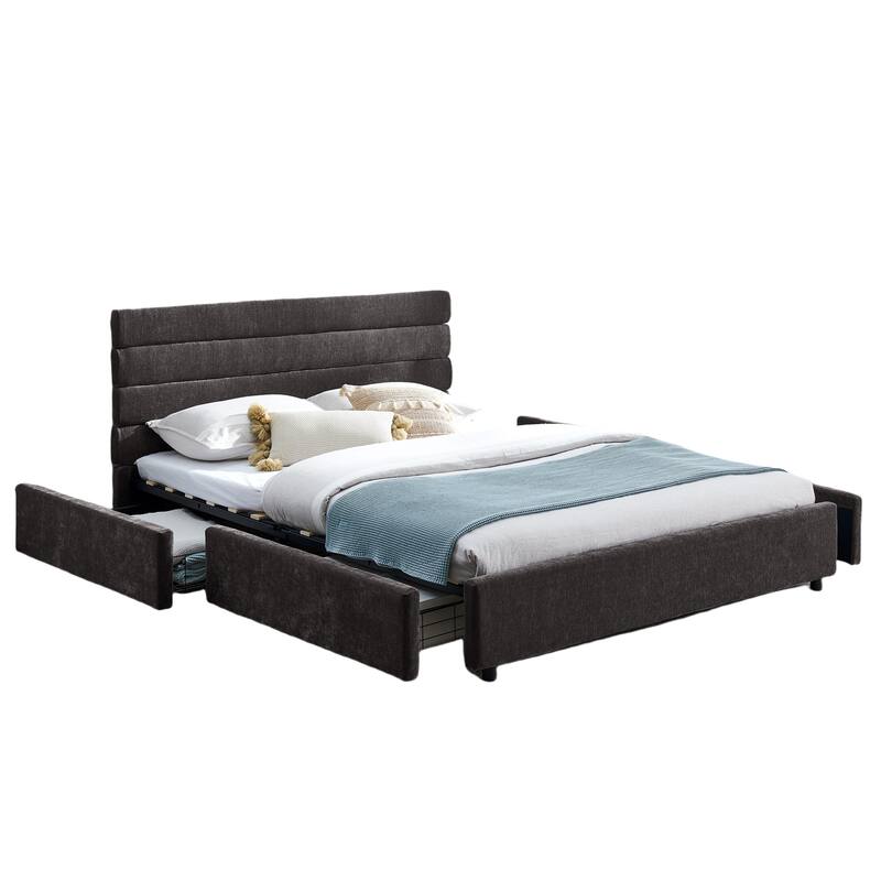 Queen Size Modern Upholstered Bed Frame with Headboard and Drawers