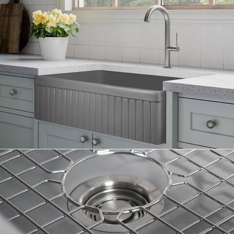 Fossil Blu 33-Inch SOLID Fireclay Farmhouse Sink, Matte Gray, Stainless Steel Accessories, Fluted Front - 33 x 20 x 10