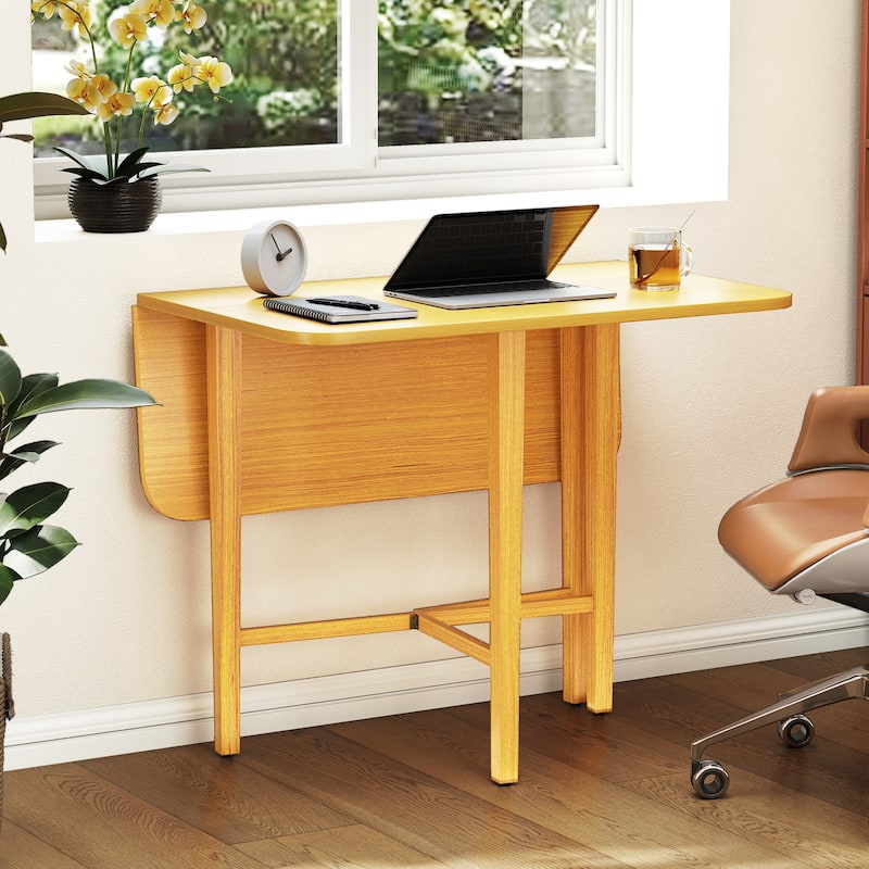 Foldable Dining Table with Drop Leaf Natural and Walnut Rubber Wood Convertible Kitchen Table for Small Spaces