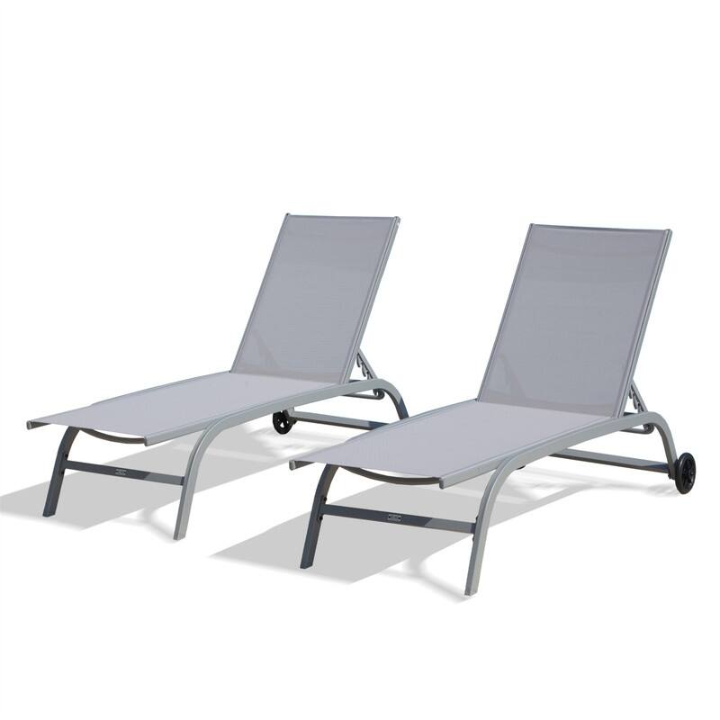 Outdoor Chaise Lounge Set (2 Piece),5 Position Adjustable Pool Chairs with Wheels for Patio, Backyard - Grey