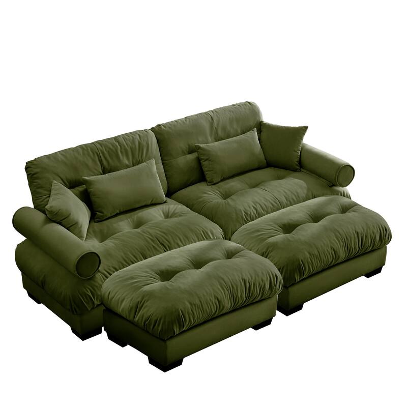 93.7" Oversized Velvet 2-Seater Sofa with Ottoman, Round Bolster Armrests, and Included Pillows