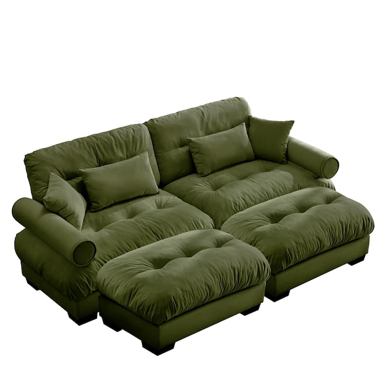 Over Size Modern Two-seater Sofa with Ottoman, Velvet 2-Seater with Round Bolster Armrests,With Waist Pillow and Throw Pillows
