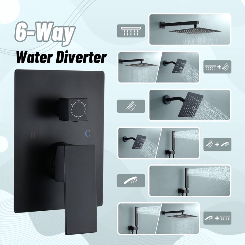 3-Spray Square 12 and 6 in. Dual Wall Mount Fixed and Handheld Shower Head in Matte Black, Valve Included - 12" x 12"