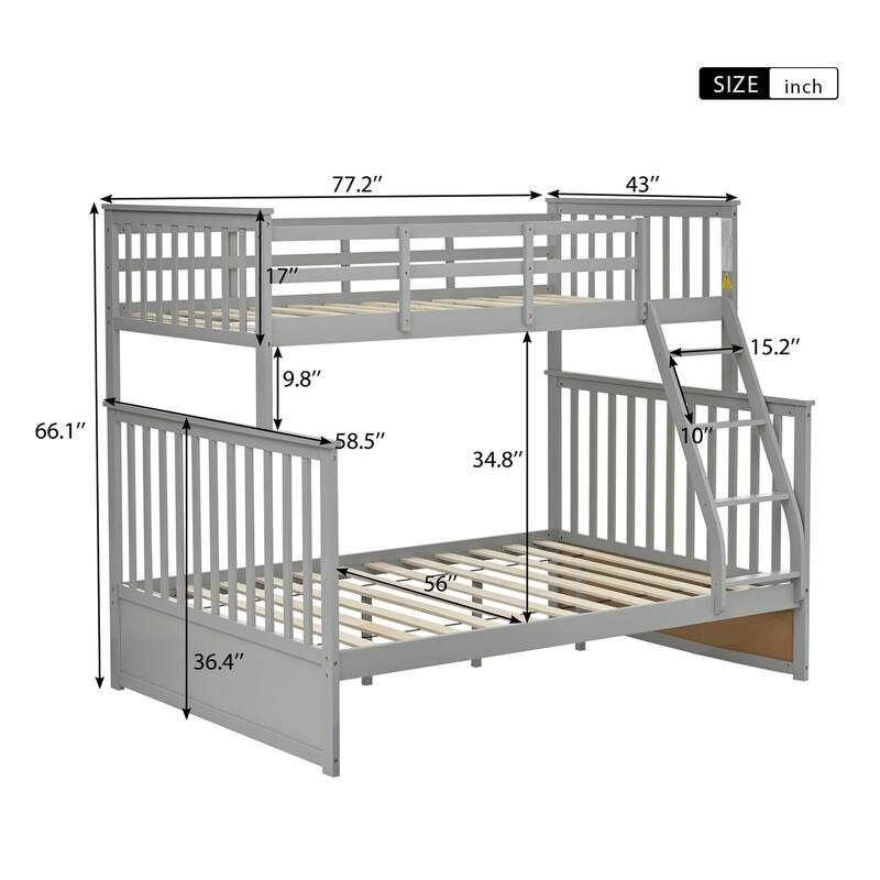 Gray Twin Over Full Bunk Bed with Ladder and Safety Rails