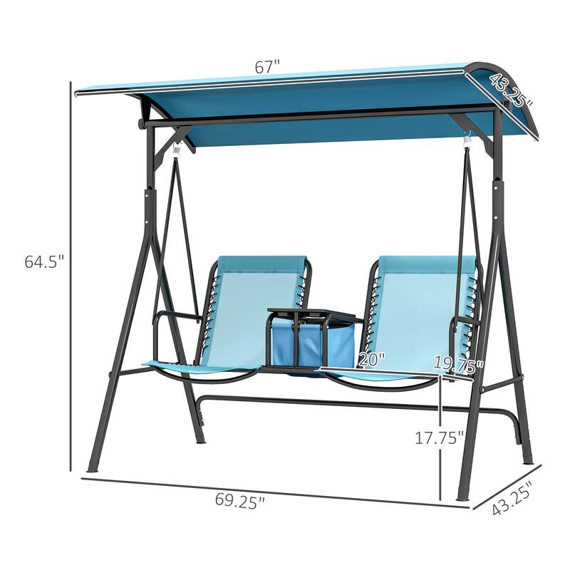 2-Seat Outdoor Canopy Swing Chair with Pivot Storage Table, Cup Holder & Adjustable Shade