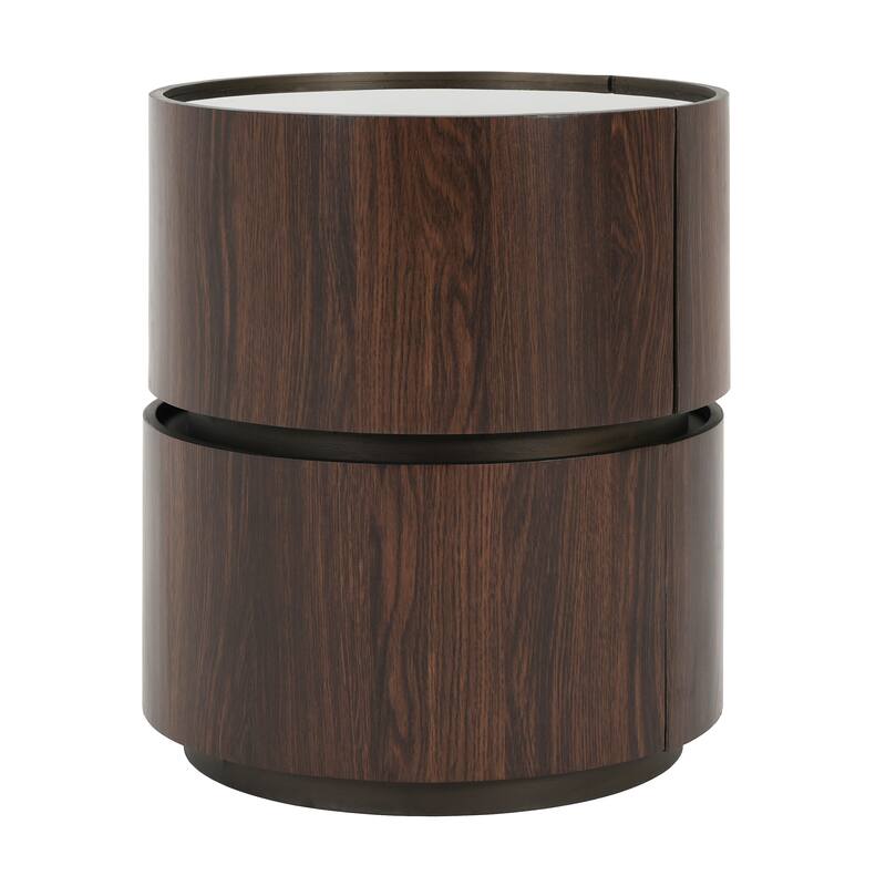 MDF Italian High-Grade Double-Layer Storage Round Side Table, Brown And Black Color