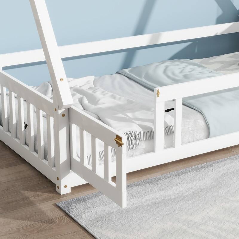 Twin Size Tent-shaped Floor Bed with Guardrails,Slats and Door