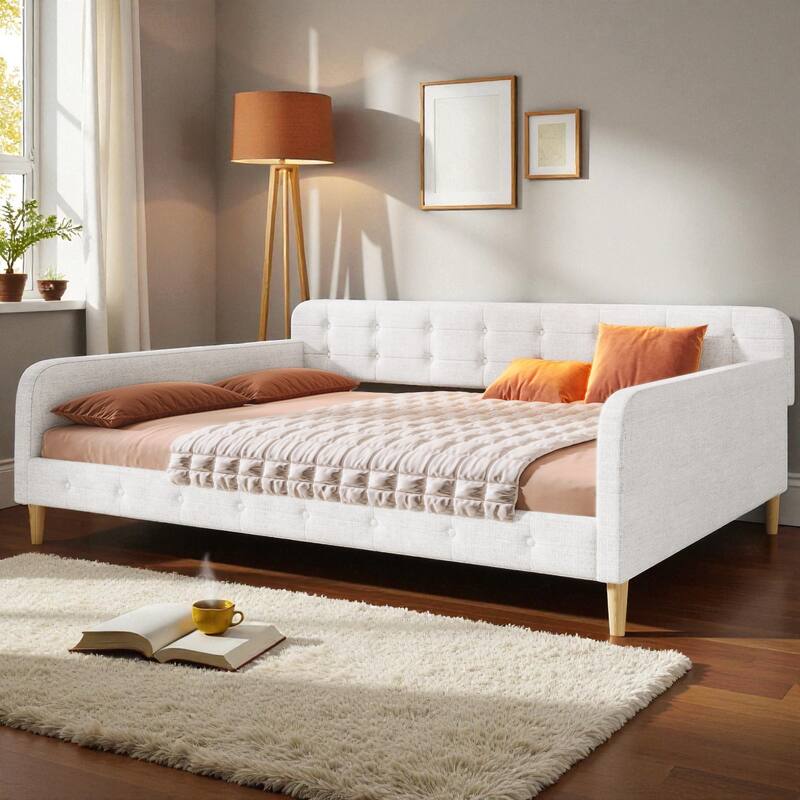 Queen Size Upholstered Daybed with Linen Fabric, Solid Wood Frame & 4 Support Legs, Sofa Bed for Guest Room - Beige - Queen
