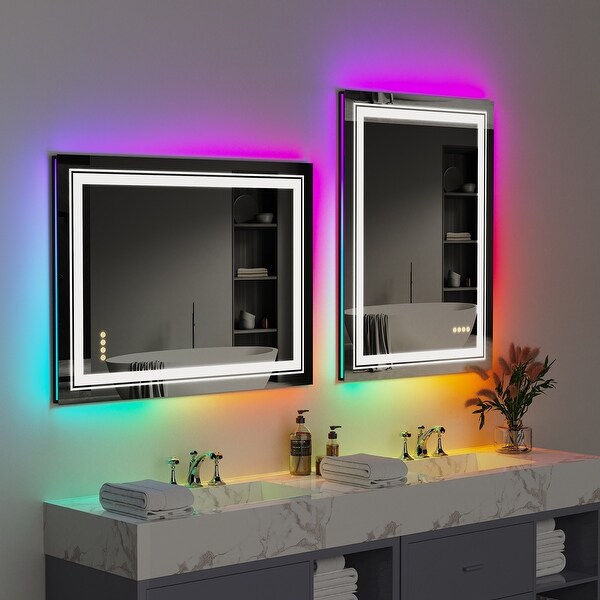 LED Wall Bathroom Mirror with Dimmer and RGB Backlit - On