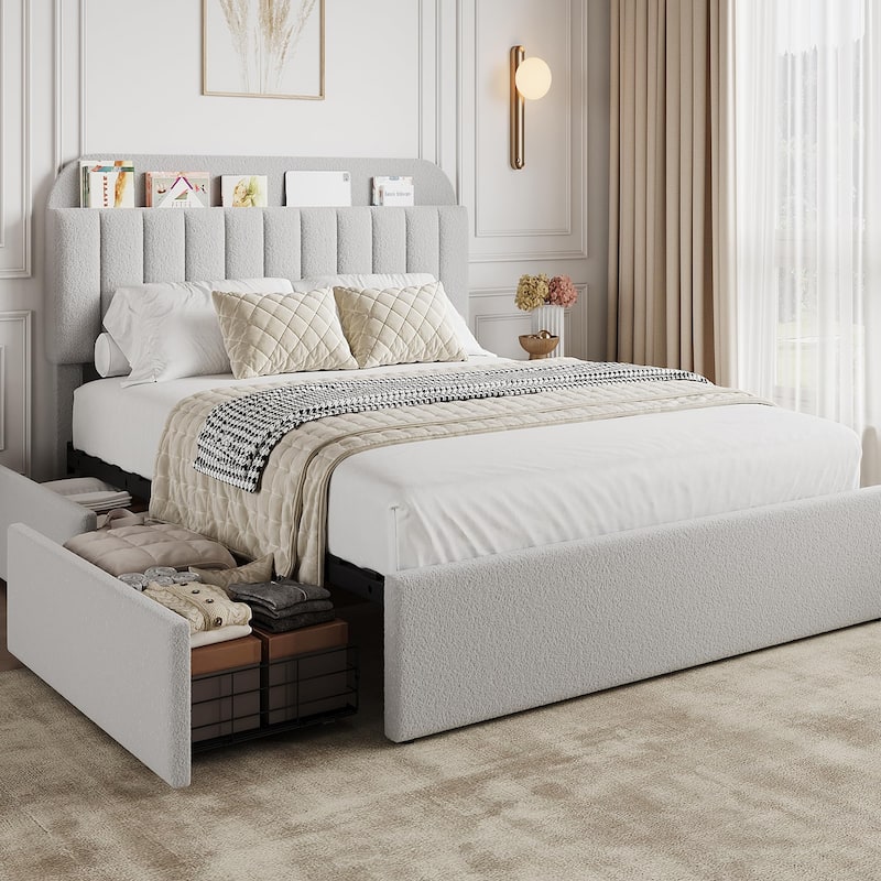 Twin/Full Bed Frame with 2 Flexible Drawers and Bookcase Headboard, Boucle Upholstered Platform Bed for Boys/Girls - Full - Gray