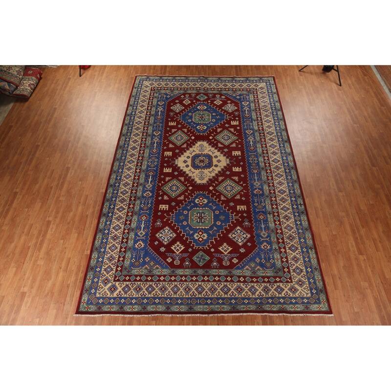 Large Red Geometric Kazak Oriental Area Rug Handmade Wool Carpet - 9'8" x 15'6"