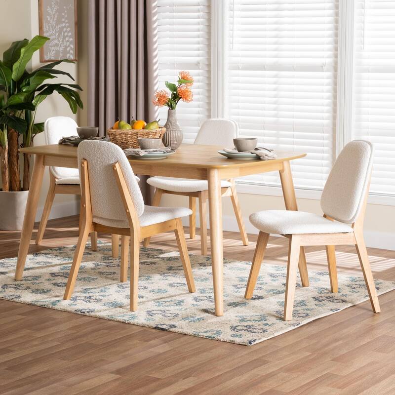 Jennica 5-Piece Dining Set - Solid Wood Table with Boucle Upholstered Chairs, Mid-Century Modern Dining Furniture