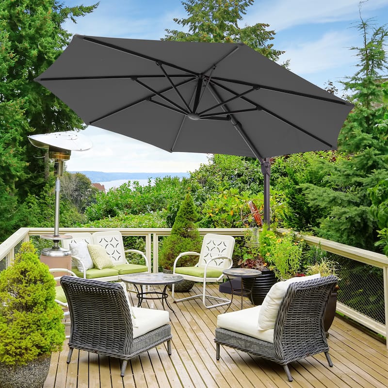 LIVOOSUN Outdoor Cantilever Offset Patio 11Ft Aluminum Umbrella w/Base - Dark Gray