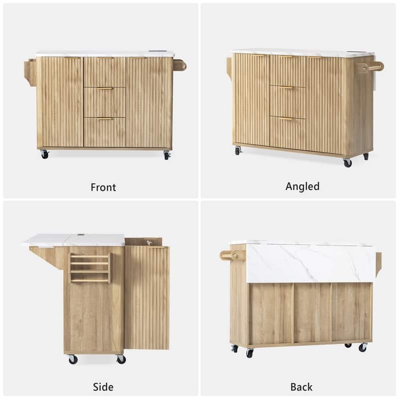 55.5" Fluted Kitchen Island with Drop Leaf and Storage Features Power Outlet and Adjustable Shelves