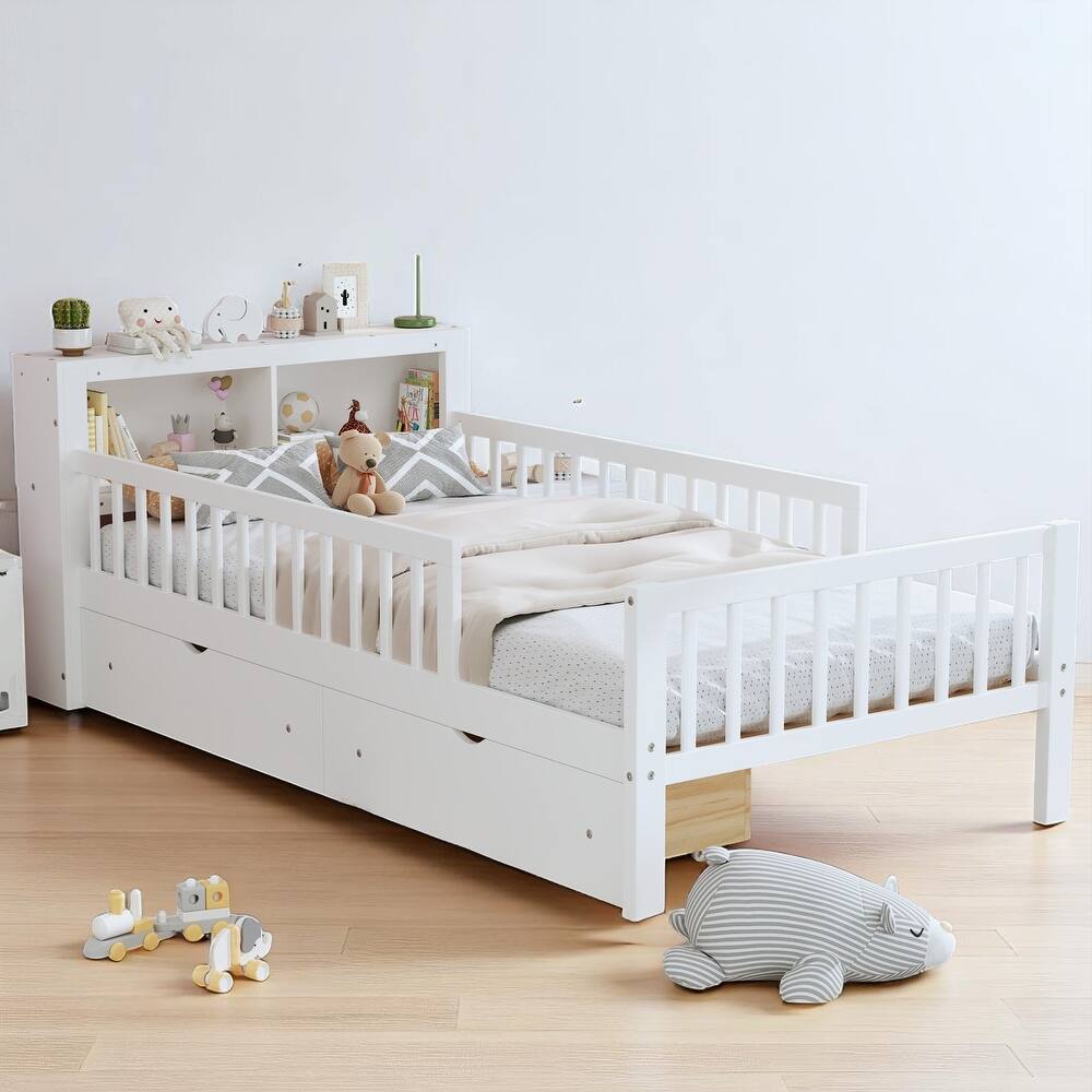 Twin Platform Bed with Storage Headboard, Under-Bed Drawers, and Three-Side Safety Guardrails